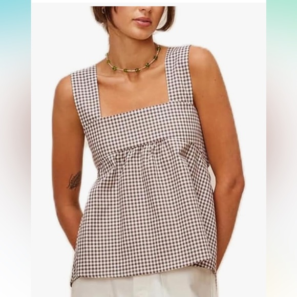 Black and White Gingham Blouse with Square Neckline